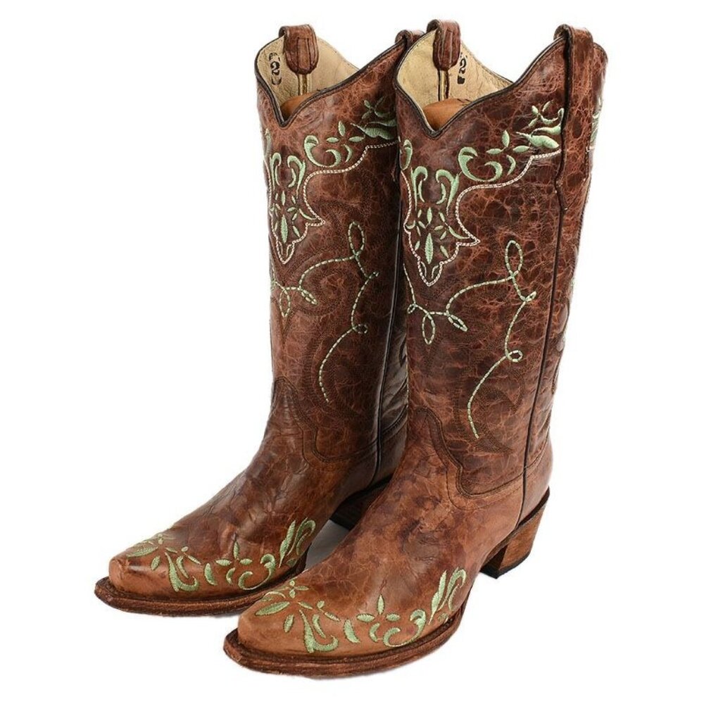 Circle G Women's Brown Green Leather Embroidered Western Cowboy Boots Size 7.5